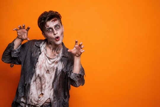 Scary zombie makeup and tattered clothes with outstretched hands on Halloween orange background with copy space