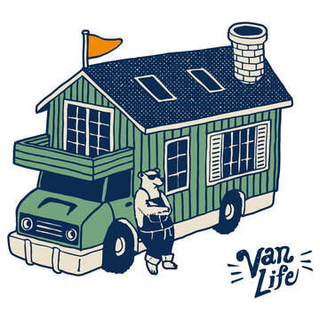 Bear traveler with house truck mascot, nomadic van life character clipart on transparent background, PNG graphic
