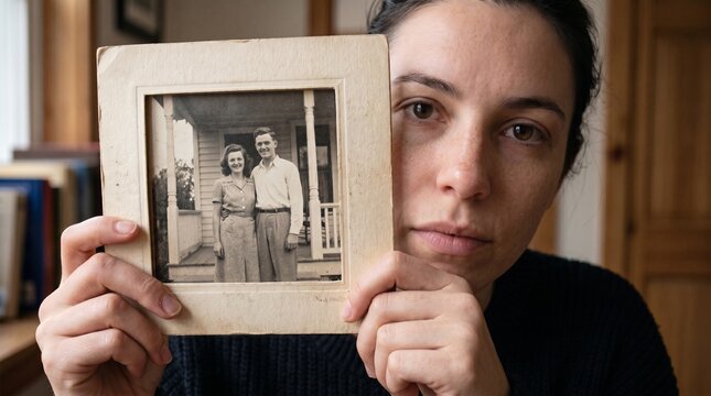 Mujer sosteniendo una fotograf&iacute;a antigua familiar