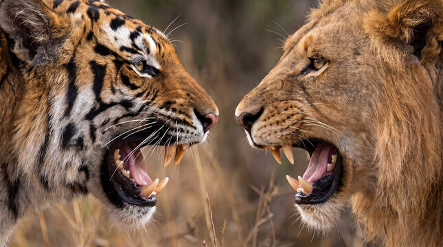 Tigre y le&oacute;n rugiendo cara a cara