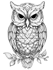 Fototapeta premium Owl On A Branch Coloring Page. Mandala animal art drawing