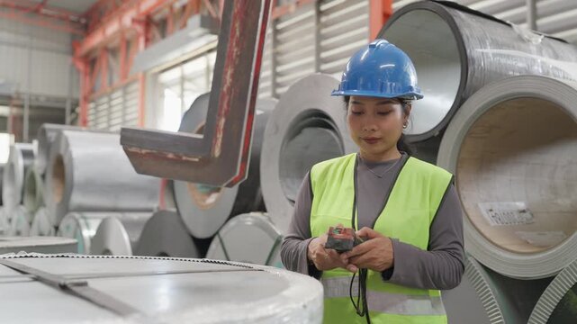 Asian female worker wearing blue hardhat holding crane pendant controller inside factory, professional woman operating overhead hoist industrial manufacturing plant
