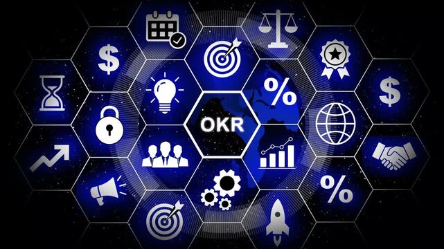 Digital okr objectives and key results business strategy infographic with animated hexagonal global network connectivity, corporate performance metrics, and growth planning management concept