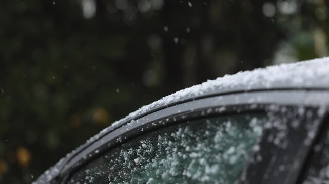 fiocchi di neve che cadono e si depositano su un'automobile, sfondo sfuocato con elementi naturali come piante ed alberi con effetto bokeh