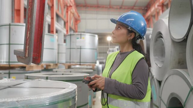 Asian female worker wearing blue hardhat holding crane pendant controller inside factory, professional woman operating overhead hoist industrial manufacturing plant