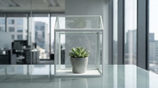 Succulent Plant in House Shaped Terrarium on Office Desk with City View