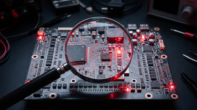 Inspection of Printed Circuit Board with Magnifying Glass and Red Lights