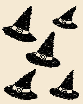 Hand Drawn Witch Hat Collection in Scribble Sketch Style for Halloween Decorations