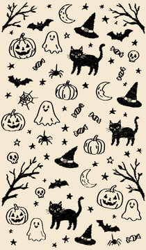 Hand Drawn Halloween Seamless Pattern with Ghosts, Bats, Pumpkins, Witch Hats, Moons, Stars and Black Cats