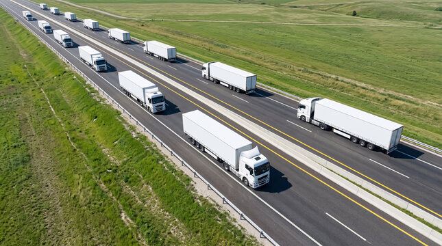 Convoy of White Semi-Trucks Driving on a Multi-Lane Highway