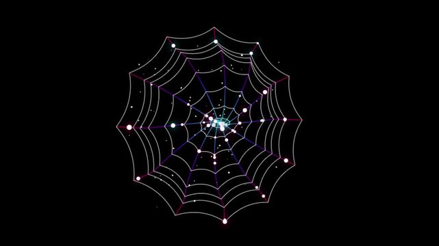 Glowing neon spider web with dew drops on black background, 3d render cobweb abstract graphic design