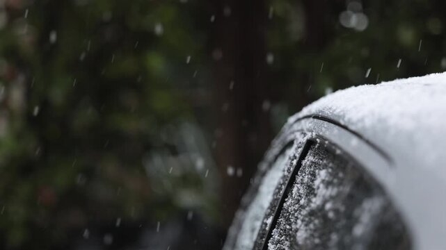 fiocchi di neve che cadono e si depositano su un'automobile, sfondo sfuocato con elementi naturali come piante ed alberi con effetto bokeh