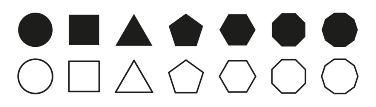 Set of basic geometric shapes like circle, square, triangle, Pentagon, Hexagon, octagon and decagon in solid and outlined style. Stock illustration