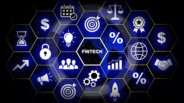 Dynamic fintech digital ecosystem infographic featuring glowing hexagonal global financial connectivity, cryptocurrency growth, banking security, and modern business strategy motion background