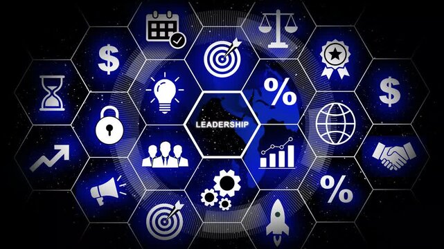 Dynamic digital interface displaying leadership concept with glowing hexagonal business strategy symbols, global network connectivity, corporate management infographics, and financial growth analytics