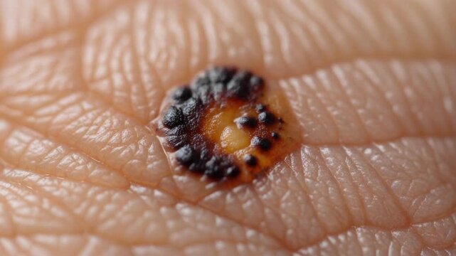 Extreme macro footage focusing on a single dark pigmented skin lesion resting naturally on the skin