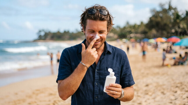 A smiling man with sunglasses applies sunscreen to his nose on a sunny beach with people in the background, holding a bottle of sunscreen.
