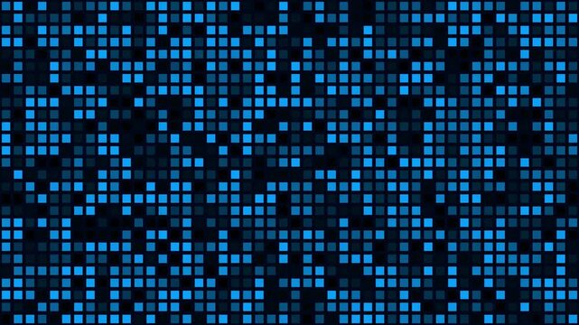 Abstract digital pixel art featuring vibrant blue squares on dark background