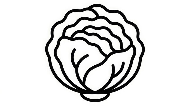 Vegetable - Simple Black and White Line Art Icon of a Round Cabbage Head with Layered Leaves