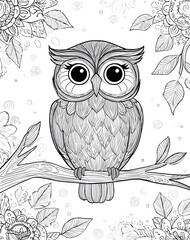 Fototapeta premium Cute Owl Perched On A Tree Trunk Mandala Animal Coloring Page Vector