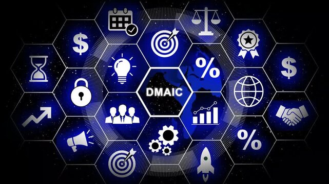 Dmaic methodology concept with hexagonal infographic featuring business process improvement, lean six sigma strategy, data analysis, management, and corporate optimization workflow