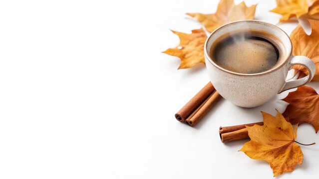 Steaming cup of coffee with cinnamon sticks and autumn leaves on white background