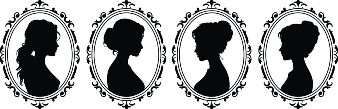 Vintage cameo silhouette set featuring elegant women profiles in ornamental oval frames for classic Victorian craft and logo design projects.