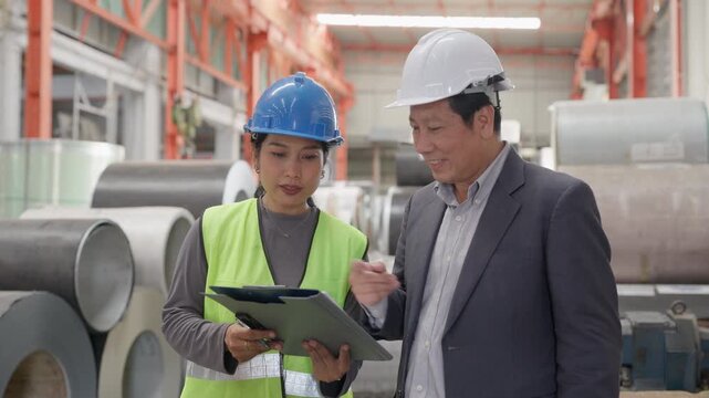 Asian senior business man owner with woman warehouse worker looking data inventory report metal sheet material in storage at manufacturing factory