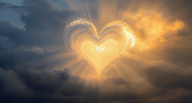 A divine heart-shaped cloud illuminated by warm golden sun rays, framed by a dark cloudy dramatic sky above the horizon, symbolizing faith, unconditional love, and light.