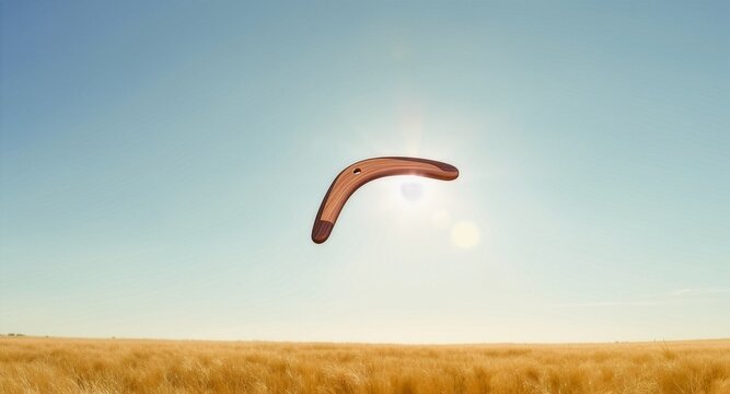 A wooden boomerang soaring high in the bright blue sky directly in front of the sun, with a wide blurred golden wheat field below, capturing a minimalist concept of freedom.