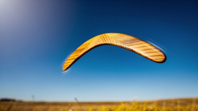 A close-up shot of a beautifully grained wooden boomerang spinning fast in mid-air with motion blur, set against a deep blue sky and a blurred grassy field at daytime.