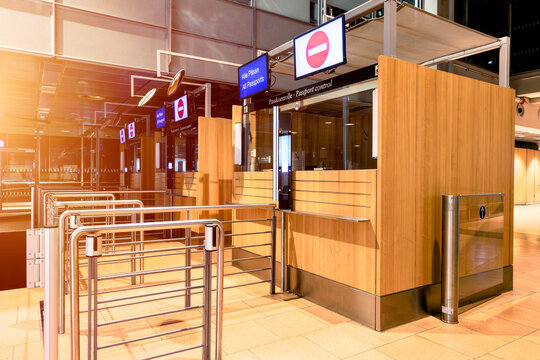 Empty Airport Passport Control and Immigration Checkpoint with Border Security Gates