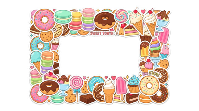 Colorful sweets and desserts rectangular border frame illustration
