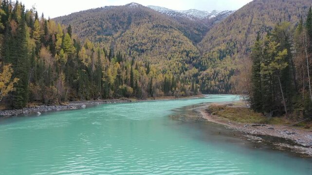 Aerial view of Kanas Lake and golden autumn forest in Xinjiang, China
