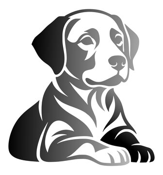 Black and white spotted puppy sitting calmly in minimalist vector illustration style