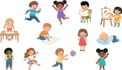 Fototapeta premium Cute Kids Daily Activities Vector Set with Cartoon Children Learning and PlayingCute Kids Daily Activities Vector Set with Cartoon Children Learning and Playing