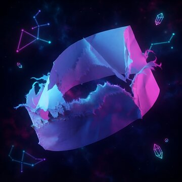 Abstract synthwave mobius strip in deep space, neon purple and blue cosmic background, futuristic geometric art with constellations