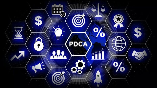 Dynamic pdca cycle management concept with hexagonal infographic featuring business growth, strategy, optimization, continuous improvement, corporate efficiency, and digital transformation workflow