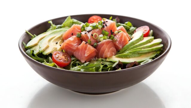 Fresh salad bowl with tuna avocado and tomatoes in a black plate