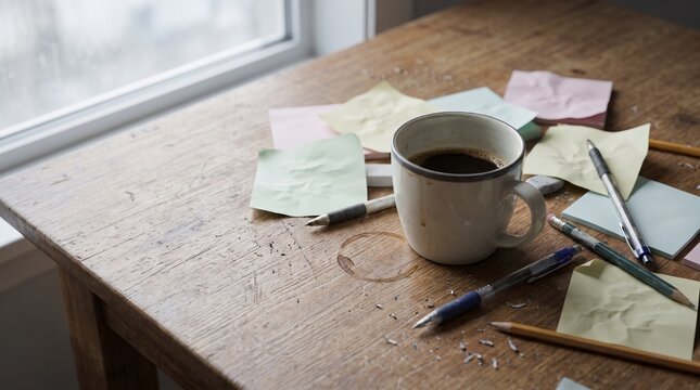 Coffee Cup With Pens And Sticky Notes On A Messy Wooden Desk Workspace