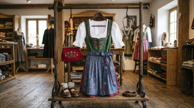 Traditional dirndl dress displayed cozy boutique with wooden floors and rustic decor. ensemble includes green bodice, floral apron,