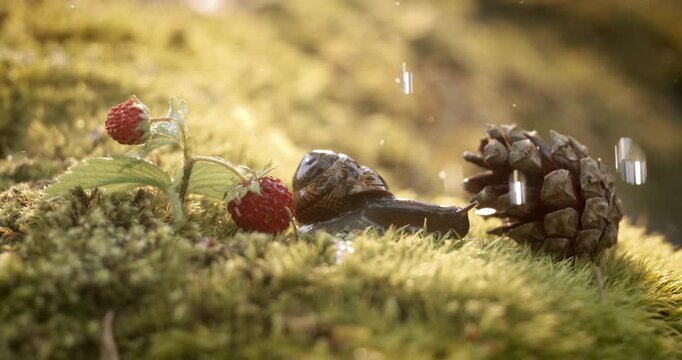 Close-up wildlife of a and wild strawberries and snail in heavy rain in the forest. Shot on super slow motion camera 1000 fps.