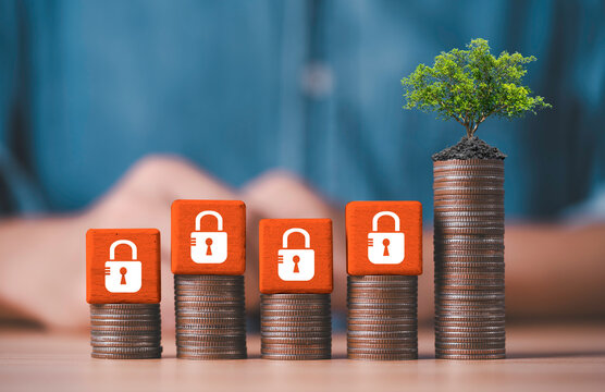 Fixed investment and financial growth concept with locked savings on stacked coins and a growing tree representing secure wealth, protected capital, stability and long-term investment returns.