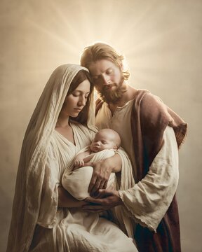 holy family portrait, Mary holding infant Jesus while Joseph stands beside them with a gentle protective expression, soft radiant halo of warm light in the background, simple neutral setting,