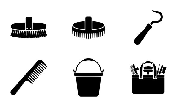 70 Grooming Tools Vector Icons Set: Horse Brushes, Comb, Bucket, Hoof Pick, Tool Bag for Equestrian Care and Stable Management 100