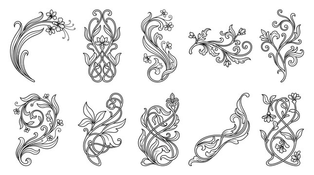 Set of art nouveau floral swirls and decorative flourishes with vintage line art