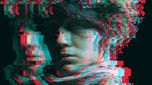 Male face dissolving into vibrant RGB digital distortion