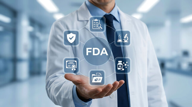 Doctor holding virtual FDA approval and compliance interface in a medical clinic