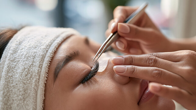 A lash extension technician in an urban salon works close over a client's face, fingers shown in extreme close up separating individual lashes with micro-tweezers against a window