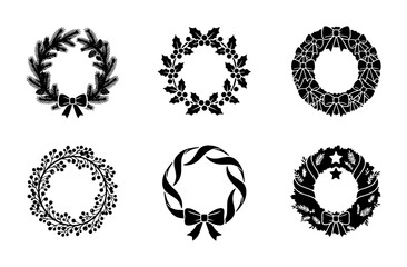 Fototapeta premium 70 Set of 6 Black Christmas Wreaths, Festive Holiday Decorative Elements, Winter Celebration Icons, Seasonal Greeting Vector Graphics 100